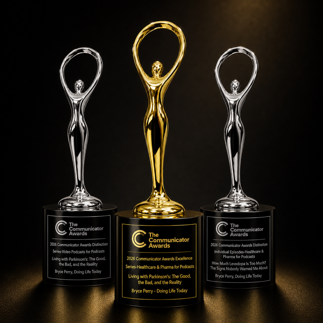 Bryce Perry Doing Life Today 2026 Communicator Awards winner - three trophy award announcement for Living with Parkinson's podcast